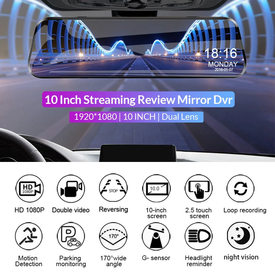 Mirror Camera for Car Touch Screen Video Recorder Rearview Mirror Dash Cam Front and Rear Camera Mirror DVR Black Box