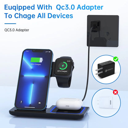 Charge your devices in style! 🚀✨ 18W Fast Wireless Charger for iPhone 16/15/14/13/12/11 & Apple Watch Series SE/10/9/8/7/6/5/4/3 + AirPods Pro/3/2! Perfect 3-in-1 charging station with QC3.0 Adapter included! 🔋💥 #WirelessCharging #TechEssentials