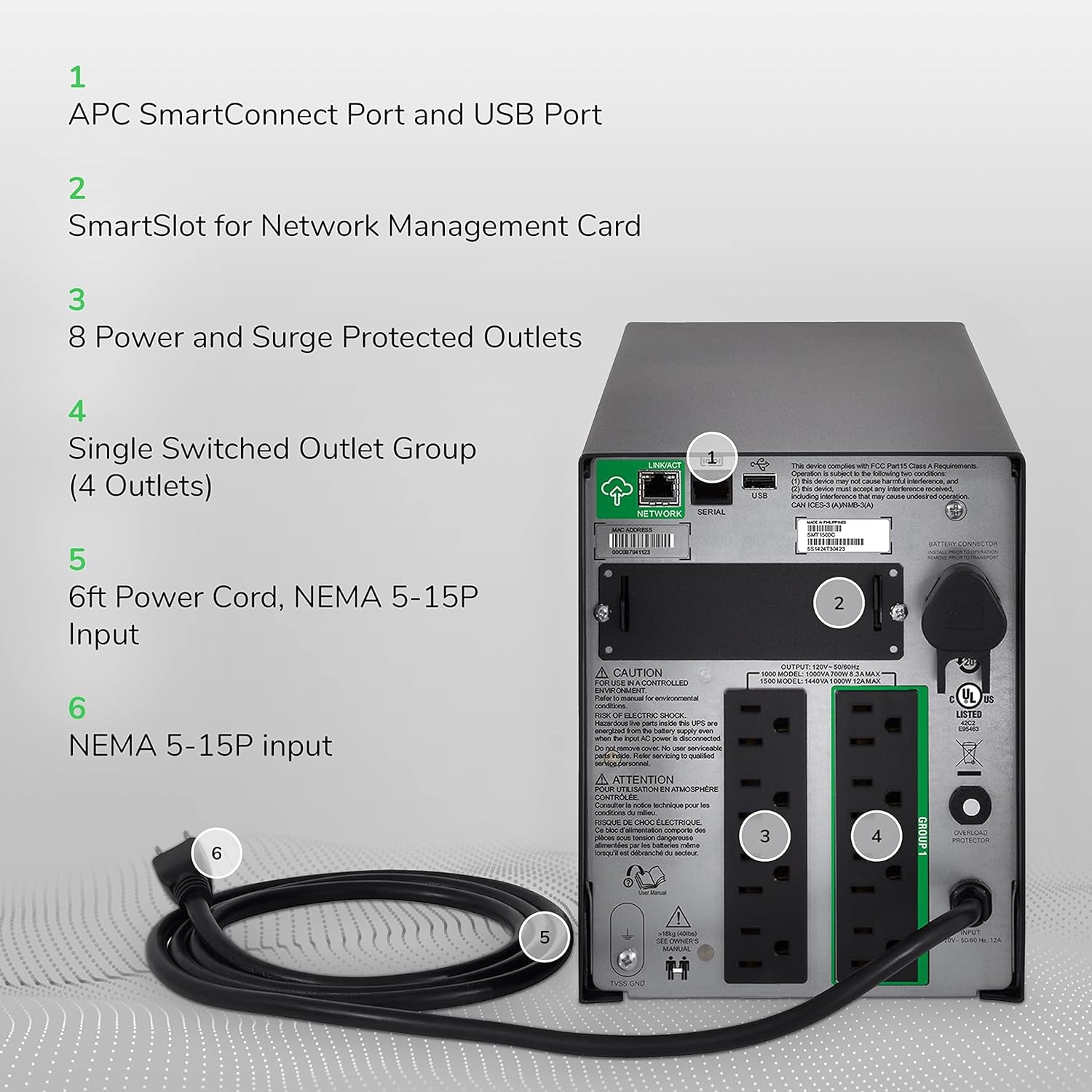 Line Interactive Uninterruptible Power Supply -1500VA Smart UPS with Smartconnect, SMT1500C Sinewave UPS Battery Backup, AVR, 120V, 